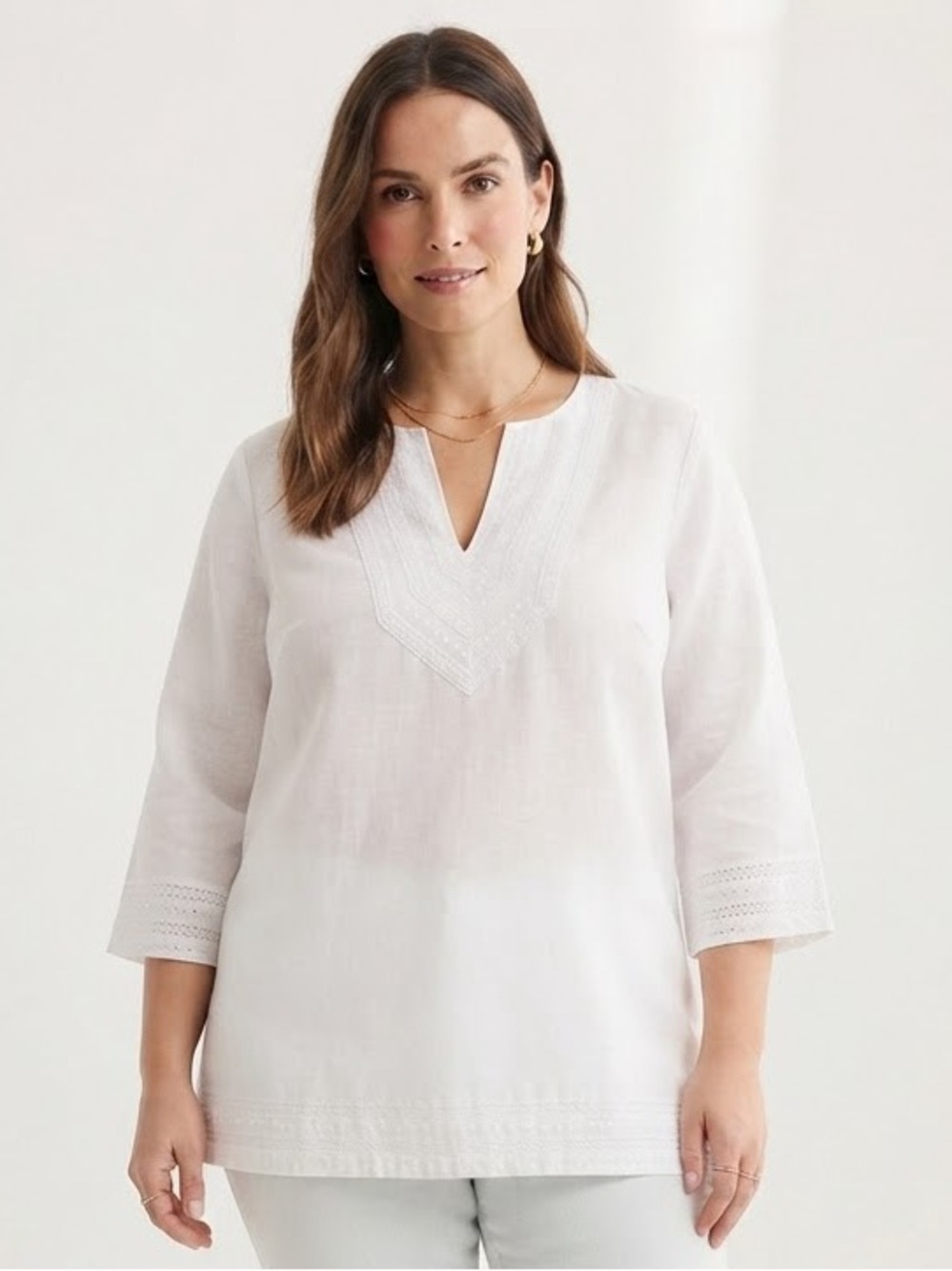 Charter Club 100% Linen Embroidered V-Neck Tunic Top White Plus Size 20W